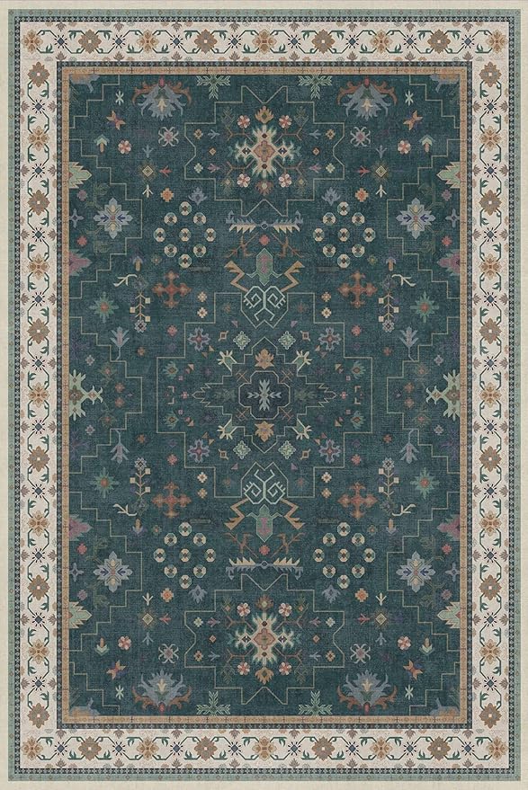 Vintage Dark Green 6x9 Dining Room Rugs for Under Kitchen Table - Washable Livinig Room Rug - Unique Floral Pastel Low Pile Non-Slip Large Area Rugs for Bedroom