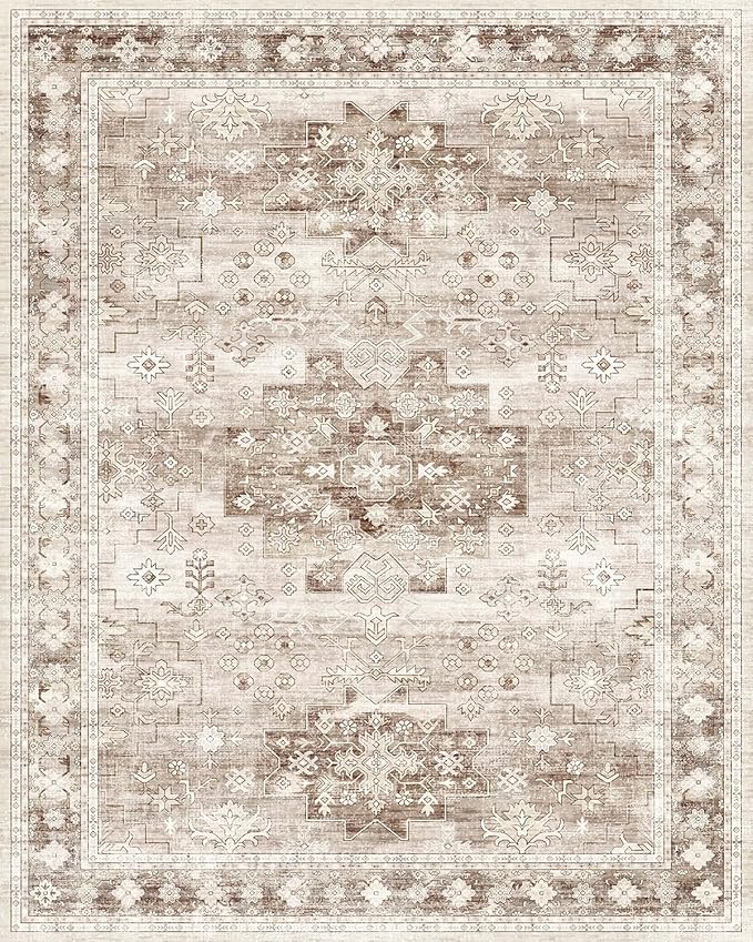 Washable Farmhouse Living Room Rug, 8x10 Area Rugs for Bedroom, Dining Room Under Table Carpet, Kids Room, Large Boho Vintage Non-Slip Floral Rugs Low Pile Stain Resistant (8x10 Beige/Latte)