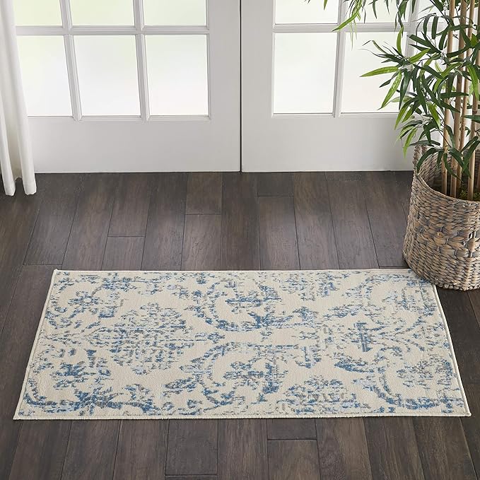 Nourison Jubilant Damask Ivory/Blue 2' x 4' Area -Rug, Easy -Cleaning, Non Shedding, Bed Room, Living Room, Dining Room, Kitchen (2x4)
