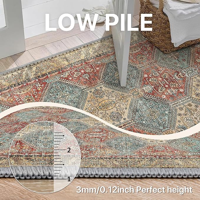 Bavni 3x5 Area Rugs for Living Room, Machine Washable Rug Non Slip, Vintage Chenille Distressed Print Carpet, Large Low Pile Ultra-Thin Lightweight Rugs for Bedroom, Dining Room, Office, Blue/Tan/Red