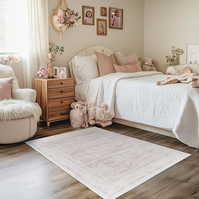 Washable 3x5 ft Area Rug - Non-Slip Boho Rug for Indoor & Outdoor Use, Entryway, Porch, Kitchen, Patio Runner in Pink