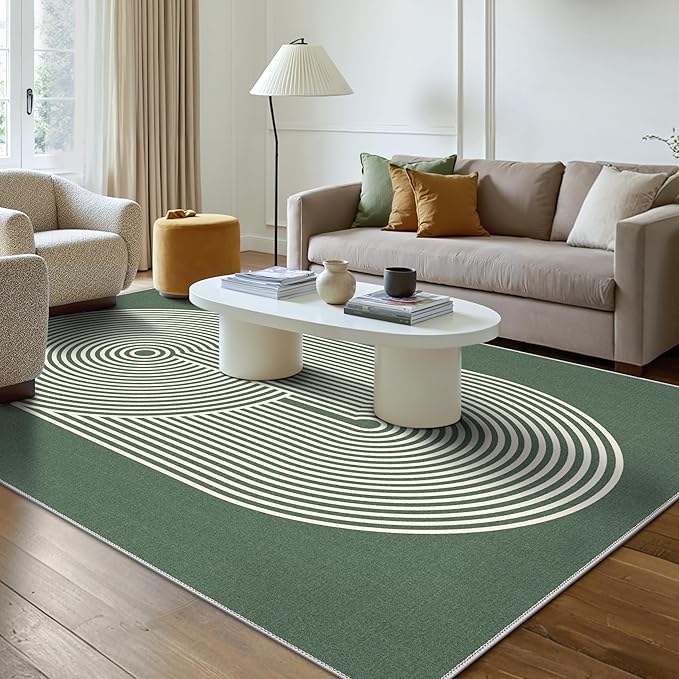 Bavni Area Rugs 8x10, Modern Soft Bedroom Rug, Machine Washable Rug Non Slip, Abstract Low Pile Large Rugs for Living Room, Dining Room, Sage Green Lines