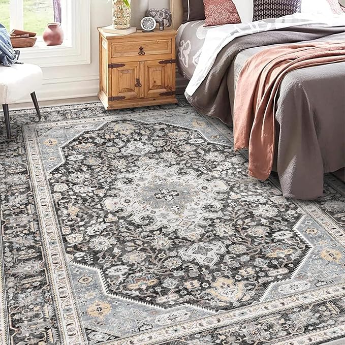Washable Area Rug 6x9 - Bedroom Living Room Large Indoor Rugs Soft Oriental Vintage Rugs Non-Slip Backing Stain Resistant for Farmhouse Kitchen (Slate Grey/Black 6x9)