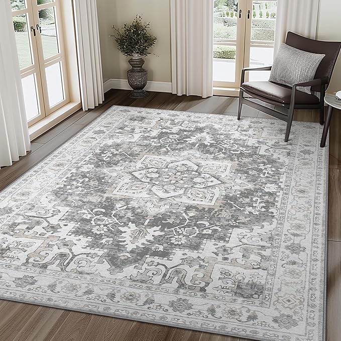 3X5 Area Rugs Machine Washable Rugs for Living Room, Vintage Boho Large Rugs for Bedroom Dining Room, Non Slip Indoor Soft Distressed Lightweight Thin Low Pile Carpet, Grey