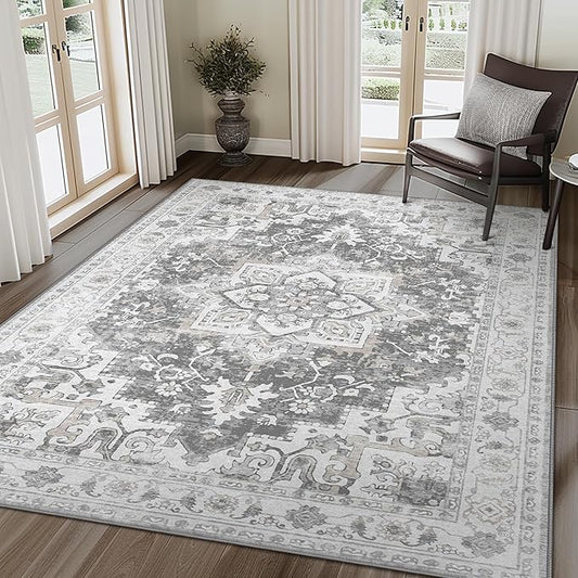 3X5 Area Rugs Machine Washable Rugs for Living Room, Vintage Boho Large Rugs for Bedroom Dining Room, Non Slip Indoor Soft Distressed Lightweight Thin Low Pile Carpet, Grey