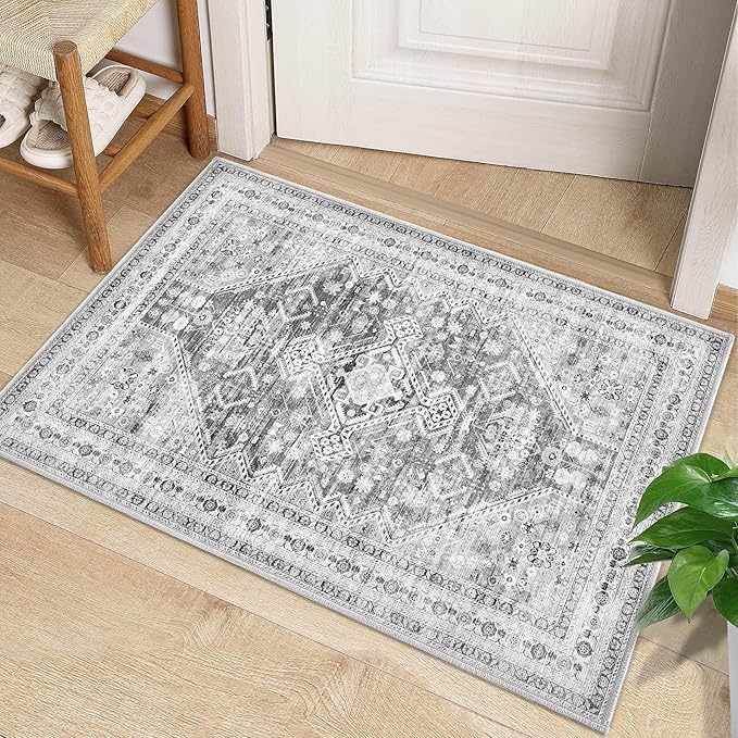 Zomfy Area Rug Vintage 2x3 Entryway Rugs: Small Washable Indoor Rug Traditional Oriental Medallion Rug for Bedroom Dining Table Kitchen Hallway(Grey, 2'x3')