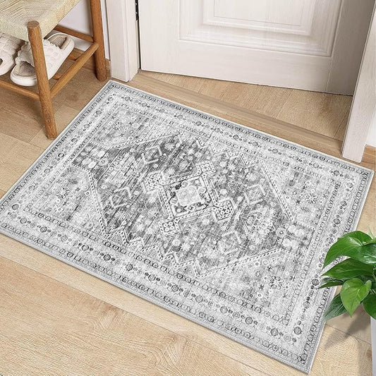 Zomfy Area Rug Vintage 2x3 Entryway Rugs: Small Washable Indoor Rug Traditional Oriental Medallion Rug for Bedroom Dining Table Kitchen Hallway(Grey, 2'x3')
