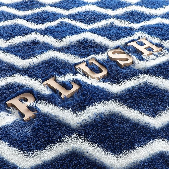 RUGTUDER Fluffy Rugs for Bedroom, 4x6 Washable Shag Striped Rug Fuzzy Plush Rug for Living Room, Chevron Pattern Soft Shaggy Area Rug for Kids Boys Room Teen Dorm Classroom Decor, Navy Blue and White