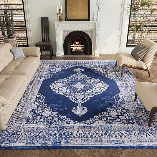 8x10 Rug, Washable Neutral Boho Modern Vintage Non Slip Floral Area Rugs, Low Pile Soft Rugs, Area Rugs, Slip Resistance Carpet, Pet-Friendly Carpet, Durable Rug for Living Room, Bedroom