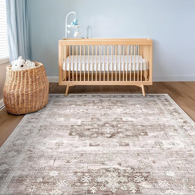 Washable Neutral Farmhouse Large Entryway Rug, 3x5 Area Rugs for Kitchen, Bedroom, Laundry Room, Nursery Room, Boho Vintage Floral Non-Slip Throw Rug Low Pile Stain Resistant (3x5 Beige/Latte)