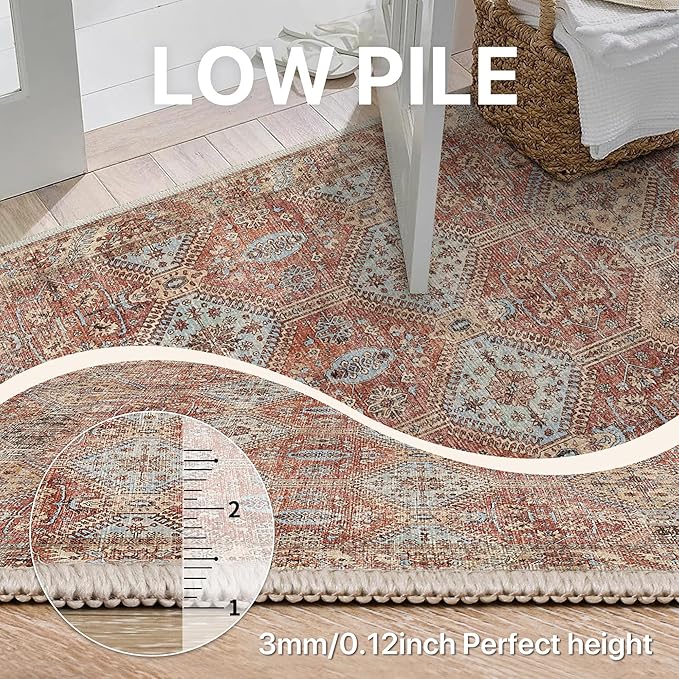 Bavni 4x6 Area Rugs for Living Room, Machine Washable Rug Non Slip, Vintage Chenille Distressed Print Carpet, Large Low Pile Ultra-Thin Lightweight Rugs for Bedroom, Dining Room, Office, Spice Sky