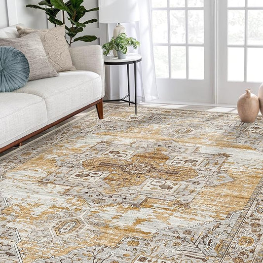RUUGME Washable 5x7 Area Rugs - Large Rugs for Living Room Stain Resistant Carpet Vintage Tribal Rugs for Bedroom with Non Slip Backing Home Decor Floor Decoration Mat (5x7 Yellow)