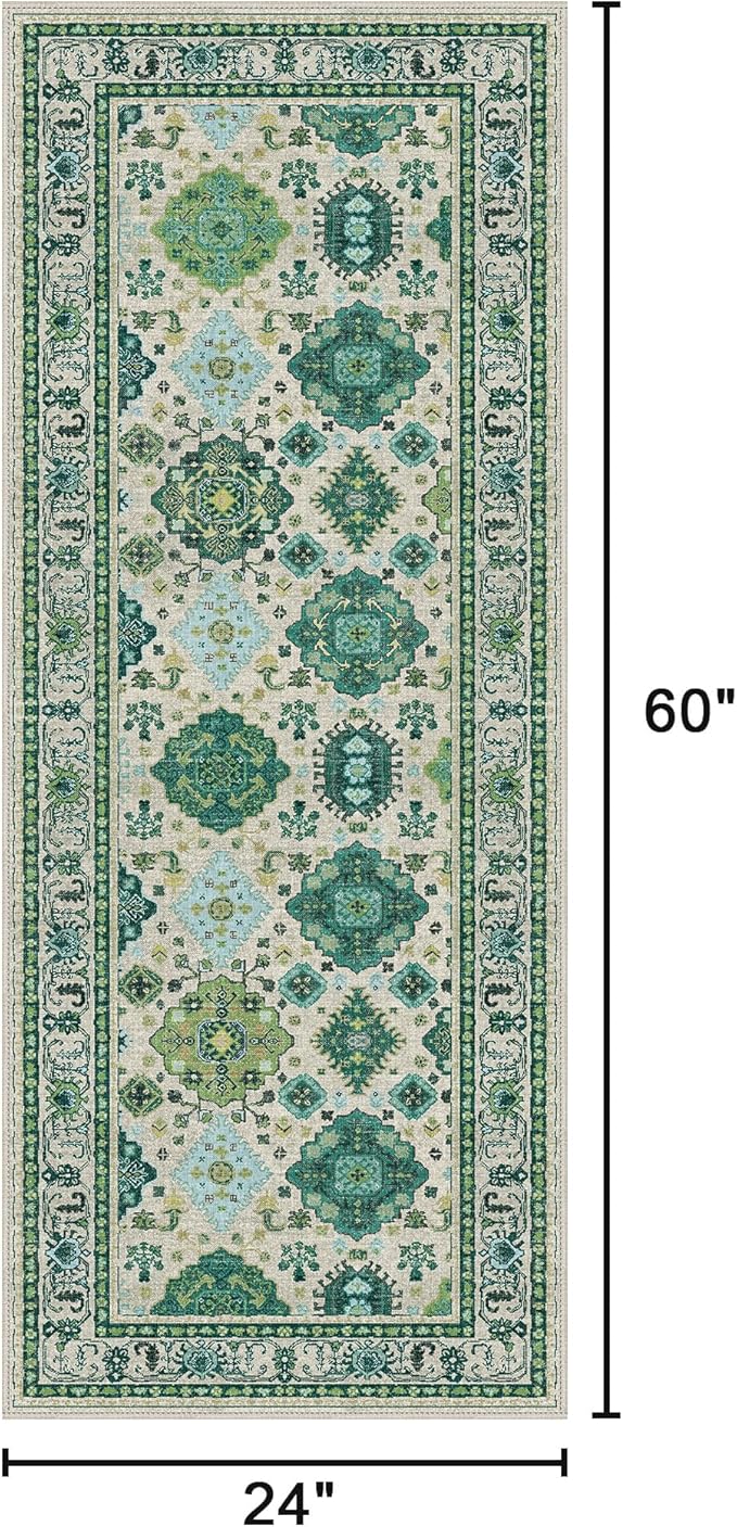 2x5 Runner Rug Non Slip, Machine Washable Rug Runners for Hallways, Vintage Distressed Print Kitchen Runner, Low Pile Lightweight Carpet Runner for Entryway, Laundry, Bedroom, Bathroom Ivory Green