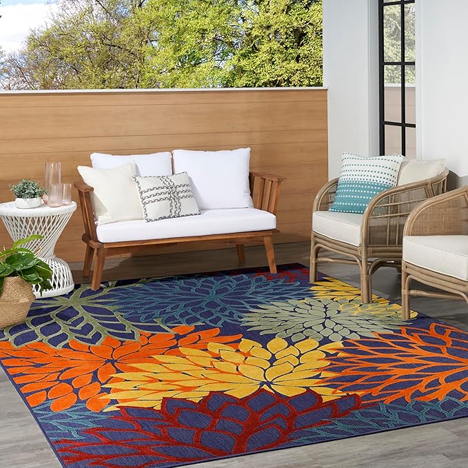 Nourison Aloha Indoor/Outdoor Modern Navy Multicolor 7'10" x 10'6" Area Rug, Easy Cleaning, Non Shedding, Bed Room, Living Room, Dining Room, Backyard, Deck, Patio (8x11)