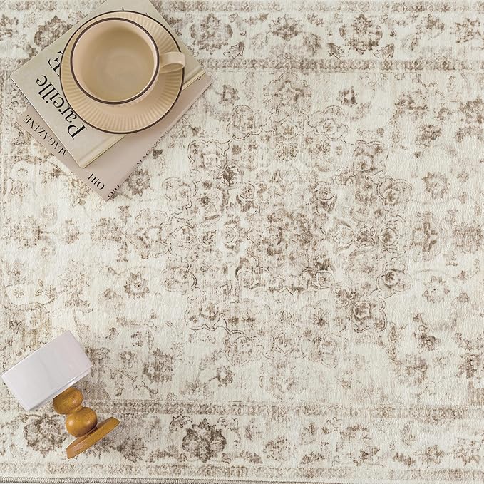 10x12 Neutral Area Rug Beige Floral Living Room Bedroom Large Carpet Non-Slip Low Pile Vintage Soft Thin Washable Throw Rug for Dining Room Office Kitchen Indoor Nursery