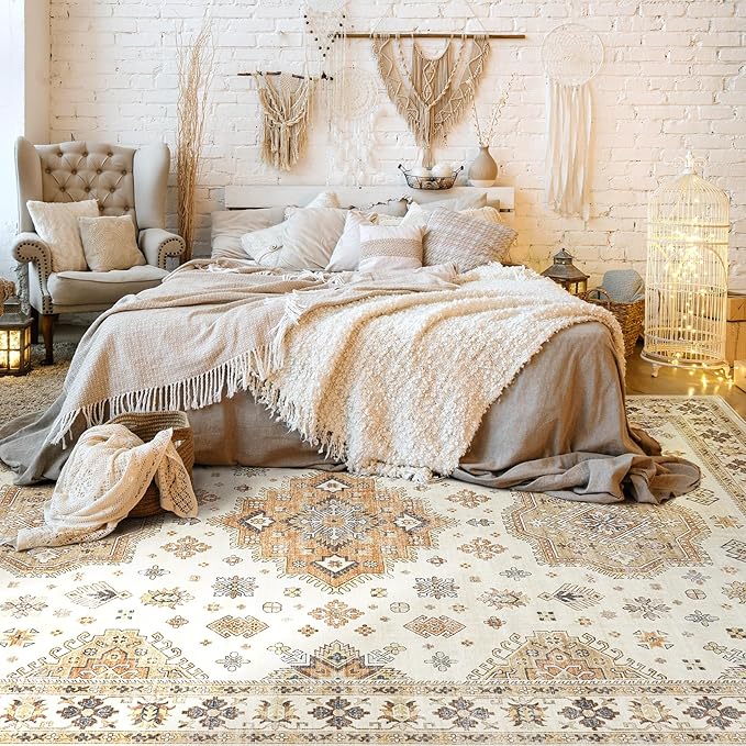 Washable Area Rugs for Living Room - 5x7 Neutral Vintage Distressed Floral Farmhouse Boho Large Soft Floor Rug Indoor Non Slip Carpet for Living Room Bedroom Dining Room Office - Orange/Yellow/Beige