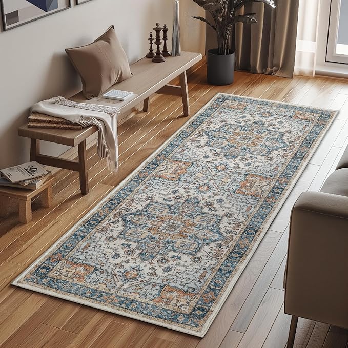 jinchan Runner Rug 2x6 Washable Hallway Runner Soft Thin Vintage Low Pile Non Slip Distressed Carpet Kitchen Runner Rug Oriental Medallion Rug for Entryway Bathroom Bedroom Laundry Room Blue Multi