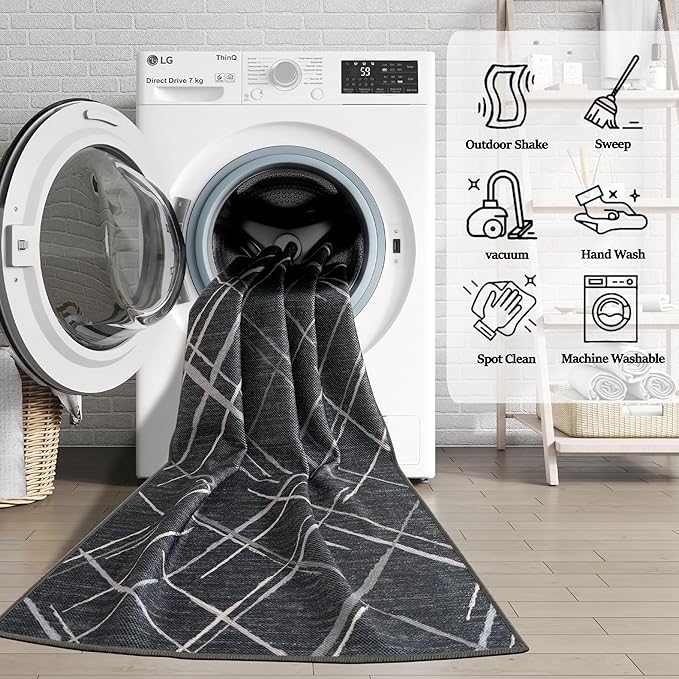 Runners for Hallways Kitchen Runner Rug Non Slip 2x6 Washable Runner Rugs No Pile Tear and Stain Resistance, Hand Woven Style Thin Runners for Hallways, Kitchen, Laundry, Bathroom- Black