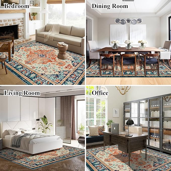 U'Artlines Boho Vintage Area Rug 6x9 Machine Washable Low Pile Soft Floor Carpet Non Slip Non Shedding Accent Rug for Living Room Bedroom Entryway Dining Room Office Orange/Multi