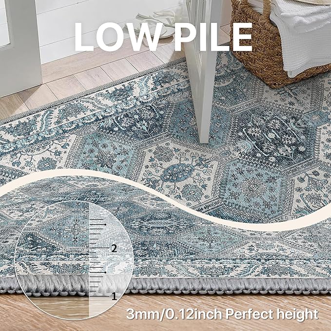 Bavni 6x9 Area Rugs for Living Room, Machine Washable Rug Non Slip, Vintage Chenille Distressed Print Carpet, Large Low Pile Ultra-Thin Lightweight Rugs for Bedroom, Dining Room, Home, Office, Blue
