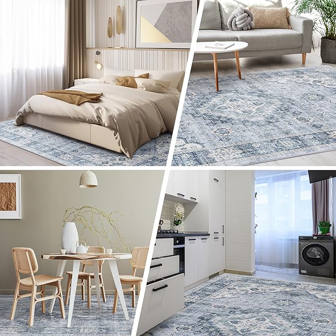 2x6 Runner Rug, Ultra-Thin Bathroom Rug, Blue Low Pile Laundry Room Mat, Machine Washable Boho Rug for Hallways Entryway Kitchen Bedside Camper