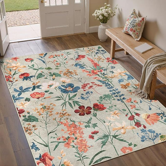Beige Area Rug 4x6 Office Floral Indoor Door Mat Washable Boho Kitchen Living Room Carpet Non Slip Bedroom Low Pile Lightweight Throw Rug for Dining Room Farmhouse