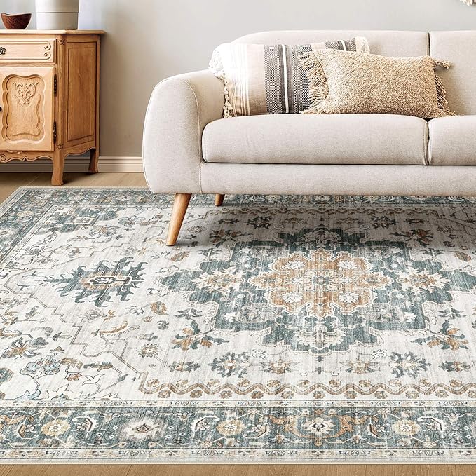 Washable Area Rugs for Living Room - 7x9 Neutral Vintage Distressed Floral Farmhouse Boho Large Soft Floor Rug Indoor Non Slip Carpet for Living Room Bedroom Dining Room Office - Green/Grey