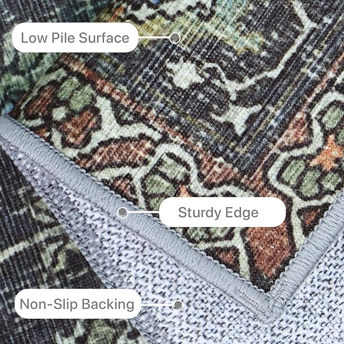 10X12 Area Rugs Machine Washable Rugs for Living Room, Vintage Boho Large Rugs for Bedroom Dining Room, Non Slip Indoor Soft Distressed Lightweight Thin Low Pile Carpet, Black