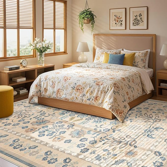 7x9 Area Rug Living Room Rugs - Washable Boho Vintage Floral Large Soft Non Slip Thin Rug Low Pile Carpet for Bedroom Dining Room Kids Playroom Office Decor Indoor- Multi Color