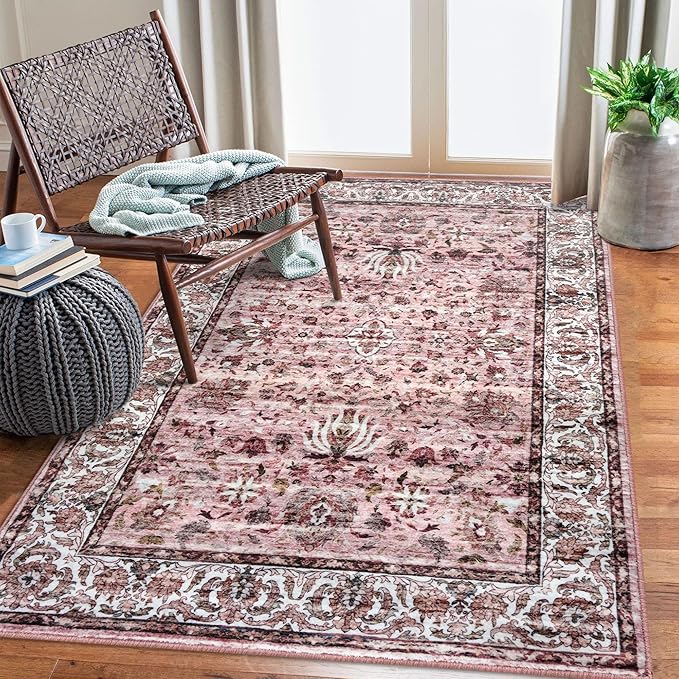 Area Rug - 3x5 Entry Rug, Machine Washable, Vintage Floral, Non-Slip, Distressed Boho, Perfect for Living Room, Kitchen, Bedroom, Laundry Room, Doorway - Pink