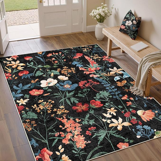 Black Area Rug 4x6 Office Floral Indoor Door Mat Washable Boho Kitchen Living Room Carpet Non Slip Bedroom Low Pile Lightweight Throw Rug for Dining Room Farmhouse