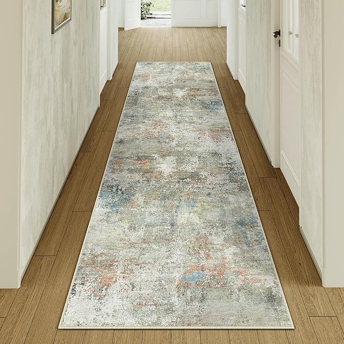 2x8 Runner Rug for Hallways Orange Grey Non Slip Washable Neutral Modern Abstract Indoor Rug Thin Soft Throw Low Pile Kitchen Carpet for Bedside, Bedroom, Bathroom, Entryway