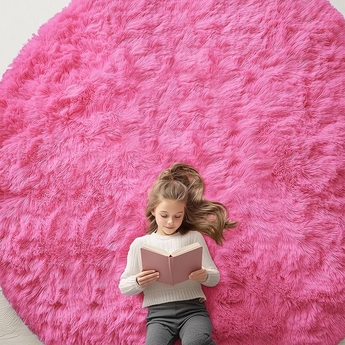 OLANLY Hot Pink Round Rugs for Bedroom - Machine Washable, 9x9 Feet Circle Area Rugs for Living Room, Soft and Fluffy Shaggy Carpet for Teen Girls and Boys, Nursery Rooms, Dorms, Home Decor Aesthetic