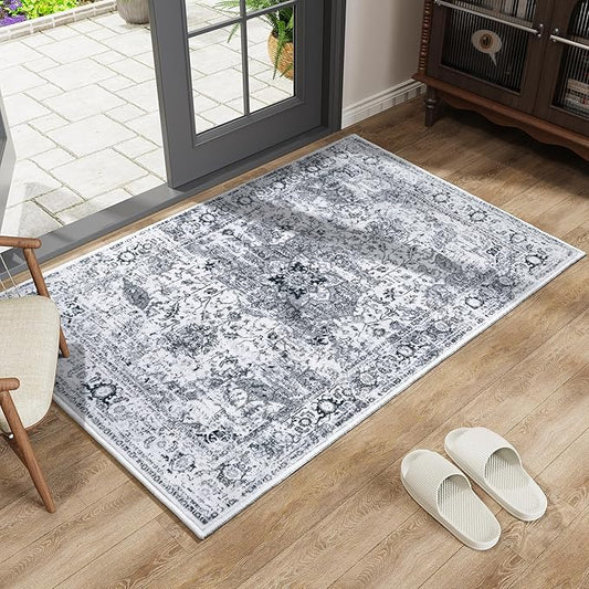 Keeko Small Rugs for Entryway, 2x3 Grey Living Room Area Rug Vintage Door Mat Accent Bedroom Bedside Rug Indoor Low Pile Retro Non Slip Front Door Print Throw Rugs for Kitchen Laundry Room Decor