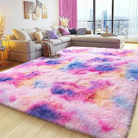 6x9 Fluffy Fuzzy Area Rug for Living Room Bedroom, Ultra Soft Large Living Room Rugs, Non Slip Thick Shag Rug for Dorm, Kids Girls Boys Rug for Home Decor Aesthetic, Dark Rainbow