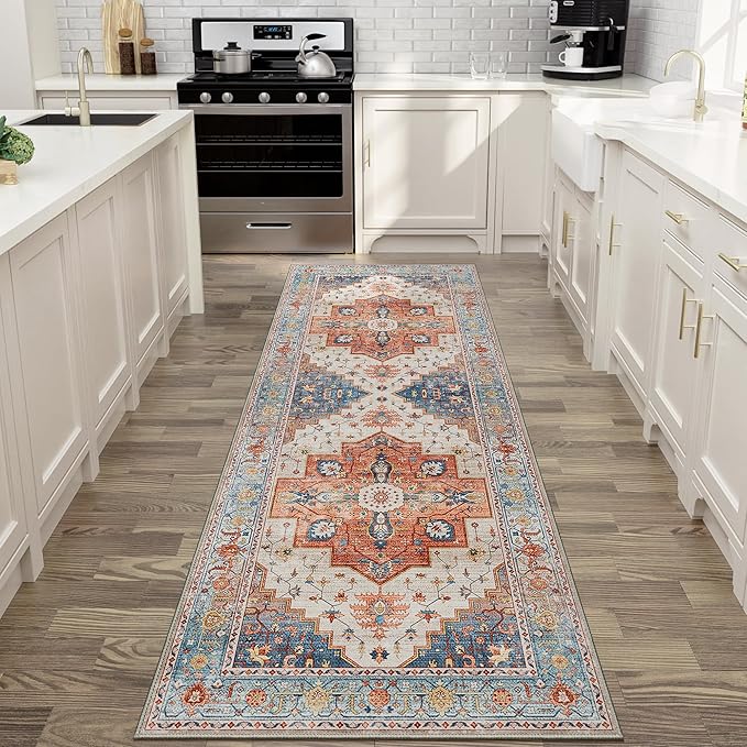 2X10 Area Rugs Machine Washable Runner Rugs for Living Room, Vintage Boho Rugs for Bedroom Dining Room, Non Slip Indoor Soft Distressed Lightweight Thin Low Pile Carpet, Blue Beige Orange