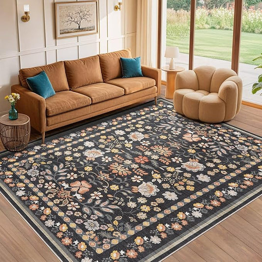 10x14 Area Rug Living Room Rugs - Washable Boho Vintage Floral Large Soft Non Slip Thin Rug Low Pile Carpet for Bedroom Dining Room Kids Playroom Office Decor Indoor- Black Grey