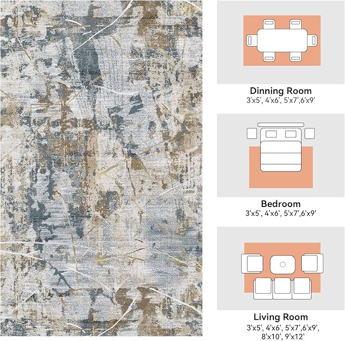 3x5 Area Rug, Modern Abstract Area Rug Machine Washable, Non Slip 3 x 5 Rugs for Living Room, Dining Room, Office Non Shedding Bedroom Carpet, Grey/Tan/Navy