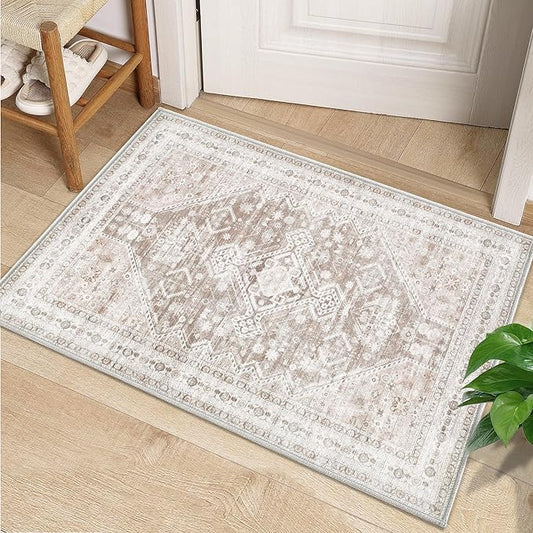 Zomfy Area Rug Vintage 2x3 Entryway Rugs: Small Washable Indoor Rug Traditional Oriental Medallion Rug for Bedroom Dining Table Kitchen Hallway(Beige, 2'x3')