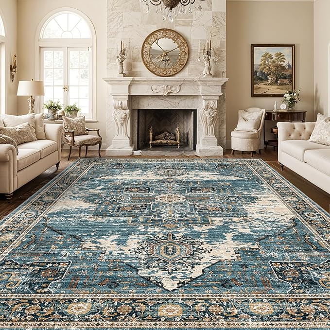 Washable 10x14 Area Rugs - Large Rugs for Living Room Stain Resistant Carpet Vintage Rugs for Bedroom with Non Slip Backing Home Decor Floor Decoration Mat 10x14 Blue