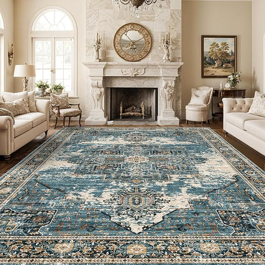 Washable 10x14 Area Rugs - Large Rugs for Living Room Stain Resistant Carpet Vintage Rugs for Bedroom with Non Slip Backing Home Decor Floor Decoration Mat 10x14 Blue