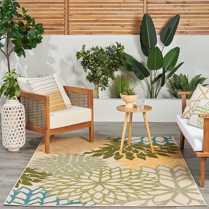 Nourison Aloha Tropical Indoor/Outdoor Green Multicolor 6' x 9' Area Rug, Easy Cleaning, Non Shedding, Bed Room, Living Room, Dining Room, Backyard, Deck, Patio (6x9)