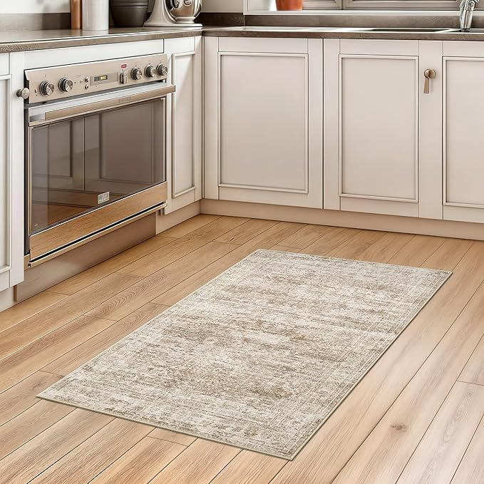 2x3 Washable Rugs for Kitchen, Floor, Entryway, Powder Room Small Area Rug Non-Slip Vintage Low Pile Throw Door Mat Brown