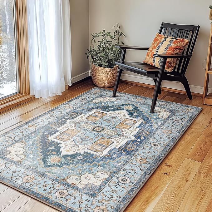 Washable 4x6 Area Rugs, Rugs for Living Room, Low-Pile Water&Stain Resistant Carpet Vintage Distressed Printed Non-Slip Carpet for Bedroom Bathroom Kitchen-Sky Blue