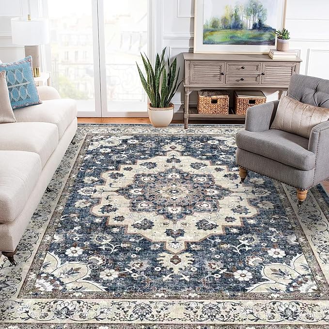 Washable Living Room Area Rug - 8 x 10 Stain Resistant Medallion Soft Bedroom Rugs Distressed Design Non Shedding Carpet for Indoor Outdoor Floor Coverings (8x10 Blue)
