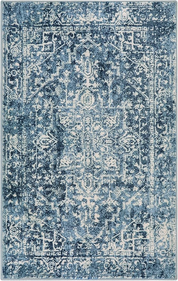 Morebes Vintage 3x5 Living Room Rugs, Blue Washable Bathroom Rug Stain Resistant Non Slip Rug, Soft Non-Shedding Low PileIndoor Carpet for Bedroom Kitchen Entryway