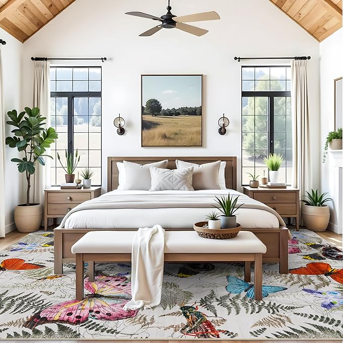 RUUGME Washable 9x12 Area Rug - Large Boho Rugs for Living Room Stain Resistant Carpet Vintage Tribal Rugs for Bedroom with Non Slip Backing Home Decor Floor Decoration Mat 9x12 Butterfly Beige