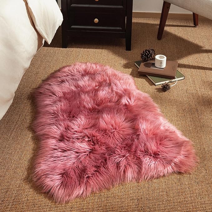 Ashler Faux Fur Rug, Fluffy Shaggy Area Rug Ultra Soft 2.3 x 3.3 Feet Sheepskin Fur Rug, Blush Pink Fuzzy Machine Washable Shag Rug, Nursery Decor Throw Rugs for Bedroom, Kids Room, Living Room