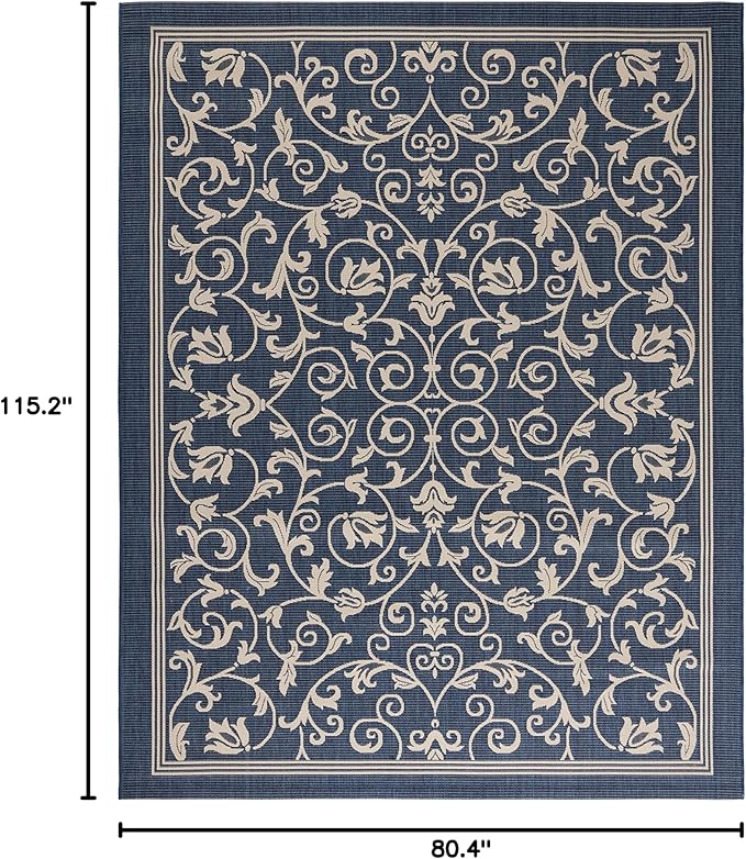 SAFAVIEH Courtyard Collection 6'7" x 9'6" Navy/Beige CY2098 Scroll Indoor/ Outdoor Waterproof Easy-Cleaning Patio Backyard Mudroom Area-Rug