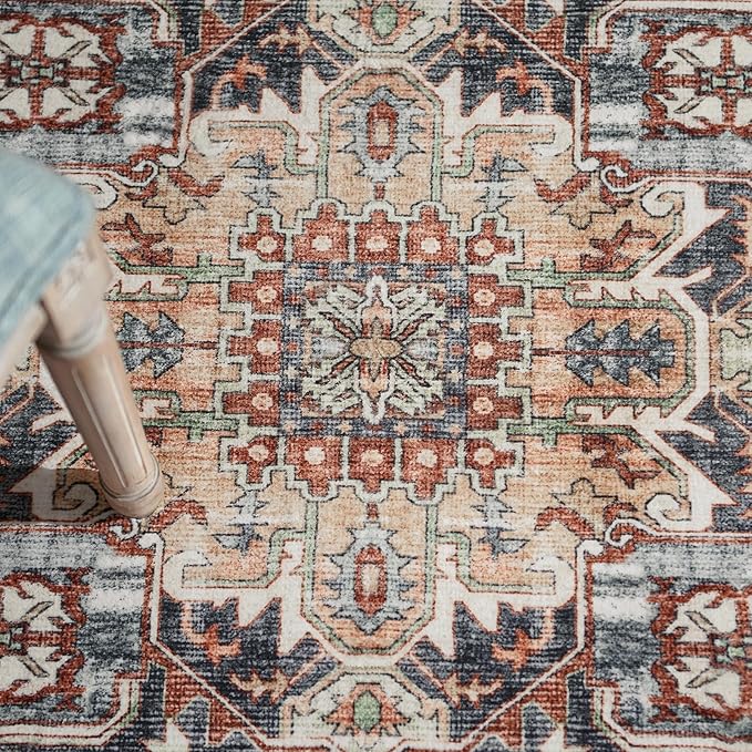 jinchan Area Rug 5x7 Entryway Washable Rug Soft Thin Vintage Low Pile Non Slip Distressed Carpet Indoor Oriental Medallion Rug for Bedside Bathroom Bedroom Laundry Room Dining Room Terra Red Multi